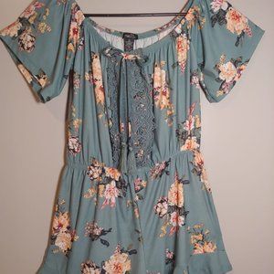 rue21 Teal Floral Short Sleeve Romper with Crochet